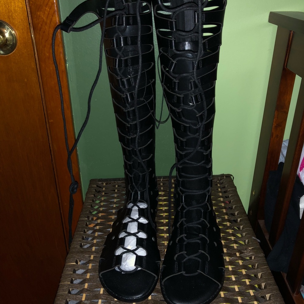 Knee height gladiator sandals